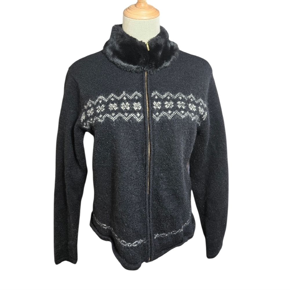 Karen Scott Black Wool Faux Fur Collar Zip Up Knit Cardigan Sweater